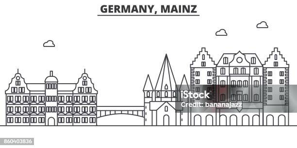 Niemcy Mainz Architektura Linia Skyline Ilustracja Liniowy Wektorowy Pejzaż Miejski Ze Słynnymi Punktami Orientacyjnymi Zabytkami Miasta Ikonami Designu Poziome Z Edytowalnymi Pociągnięć - Stockowe grafiki wektorowe i więcej obrazów Moguncja