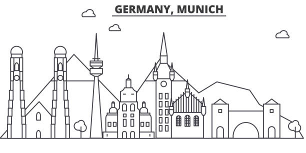 niemcy, monachium architektura linii skyline ilustracji. liniowy wektorowy pejzaż miejski ze słynnymi punktami orientacyjnymi, zabytkami miasta, ikonami designu. poziome z edytowalnymi pociągnięć - munich stock illustrations
