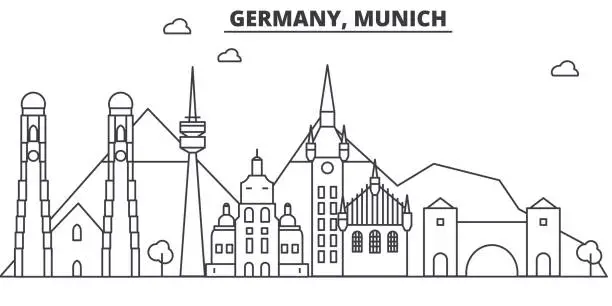 Vector illustration of Germany, Munich architecture line skyline illustration. Linear vector cityscape with famous landmarks, city sights, design icons. Landscape wtih editable strokes