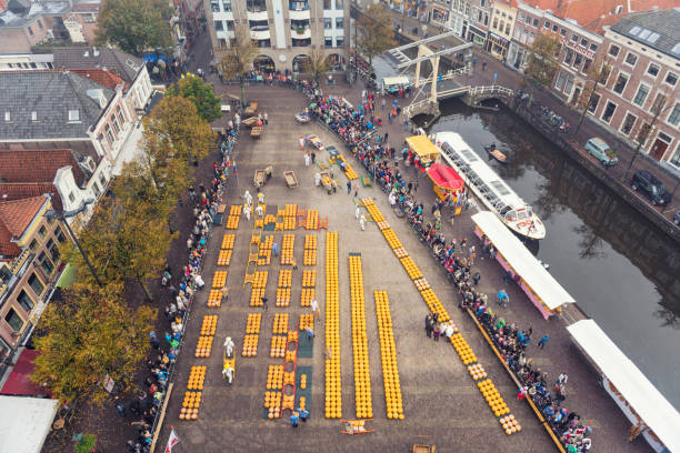 Aerial color image of the famous cheese market in Alkmaar, the Netherlands.