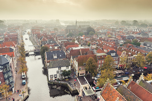 Horizontal aerial color image of city of Alkmaar in the Netherlands.