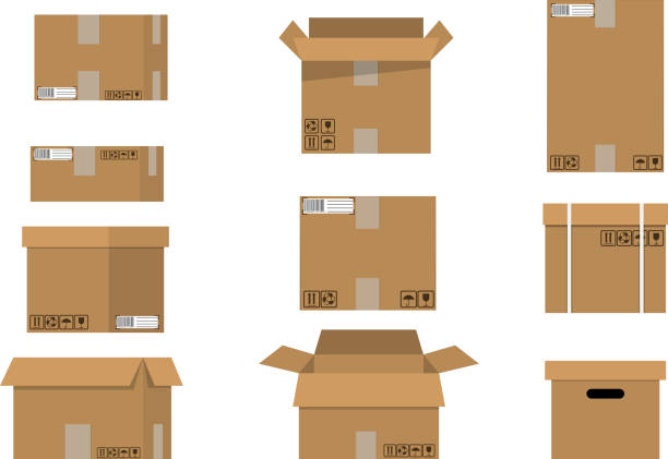Pile cardboard boxes set. Pile cardboard boxes set. Carton delivery packaging open and closed box with fragile signs. Vector illustration in flat style cardboard illustrations stock illustrations