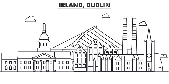 Irland, Dublin architecture line skyline illustration. Linear vector cityscape with famous landmarks, city sights, design icons. Editable strokes