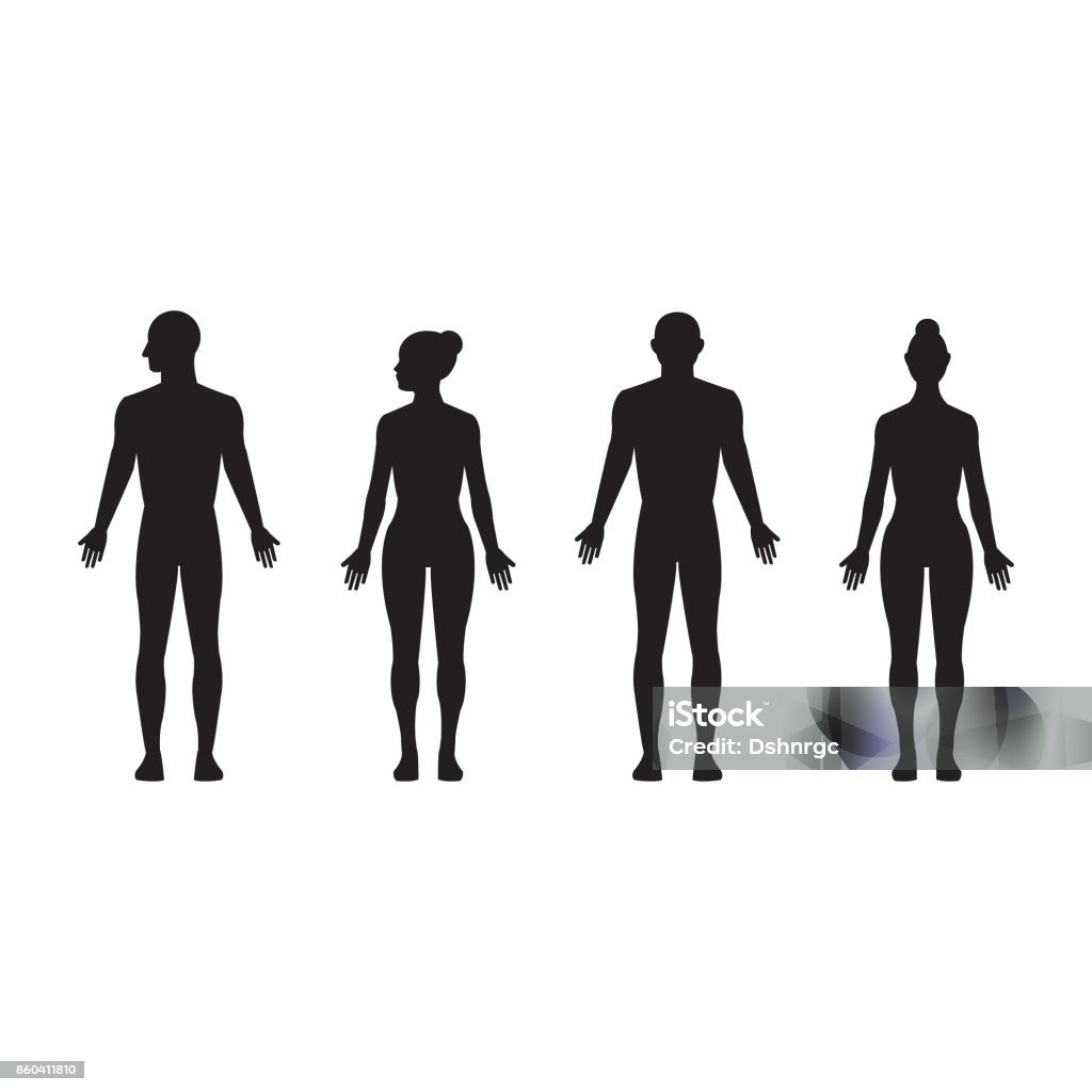 Silhouette umana maschio e femmina, uomo e donna realistico nero isolato vettore icona set - arte vettoriale royalty-free di Sagoma - Controluce