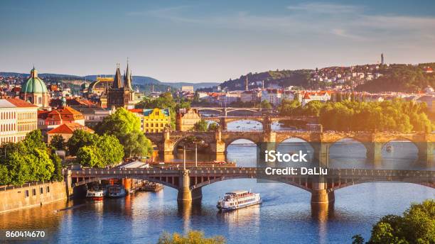 Scenic Spring Sunset Aerial View Of The Old Town Pier Architecture And Charles Bridge Over Vltava River In Prague Czech Republic Stock Photo - Download Image Now