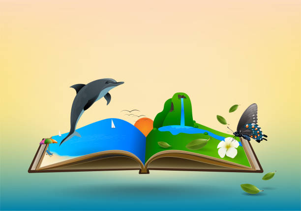 istock Open travel book, between Mountain meadows, waterfalls, butterflies, streams and sea beaches. on sunset background, vector illustration. 860415248