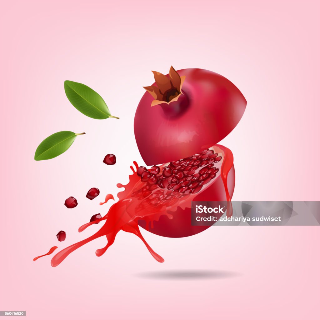 fresh pomegranate fruits Pomegranate half cut in splash on pink background, vector illustration. Bright stock vector