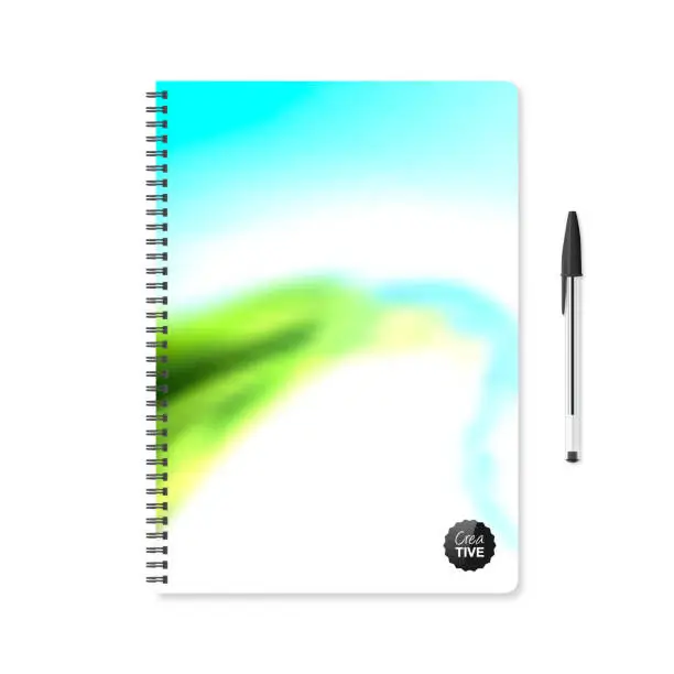 Vector illustration of Notepad template with colored abstract background and ballpoint pen