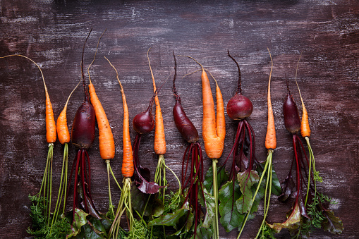 Fresh carrots and beetroot with green leaves on dark background. Healthy food, vegetables.