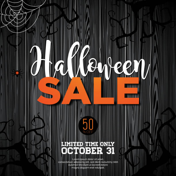 ilustrações de stock, clip art, desenhos animados e ícones de halloween sale vector illustration with spider and holiday elements on wood texture background. design for offer, coupon, banner, voucher or promotional poster - treated wood