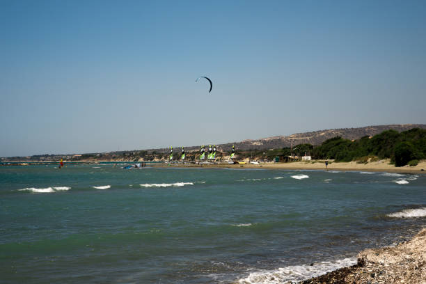 Kitesurfers on the Lefkada island, Greece.