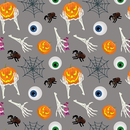 Vector cartoon icons of pumpkin, eye, spider and web, skeleton. Design elements for Halloween party poster. Objects isolated on a gray background.