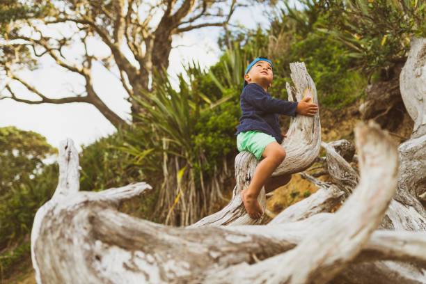 Mixed race kid enjoying outdoors and the authenticity of connecting with nature in Auckland, New Zealand.