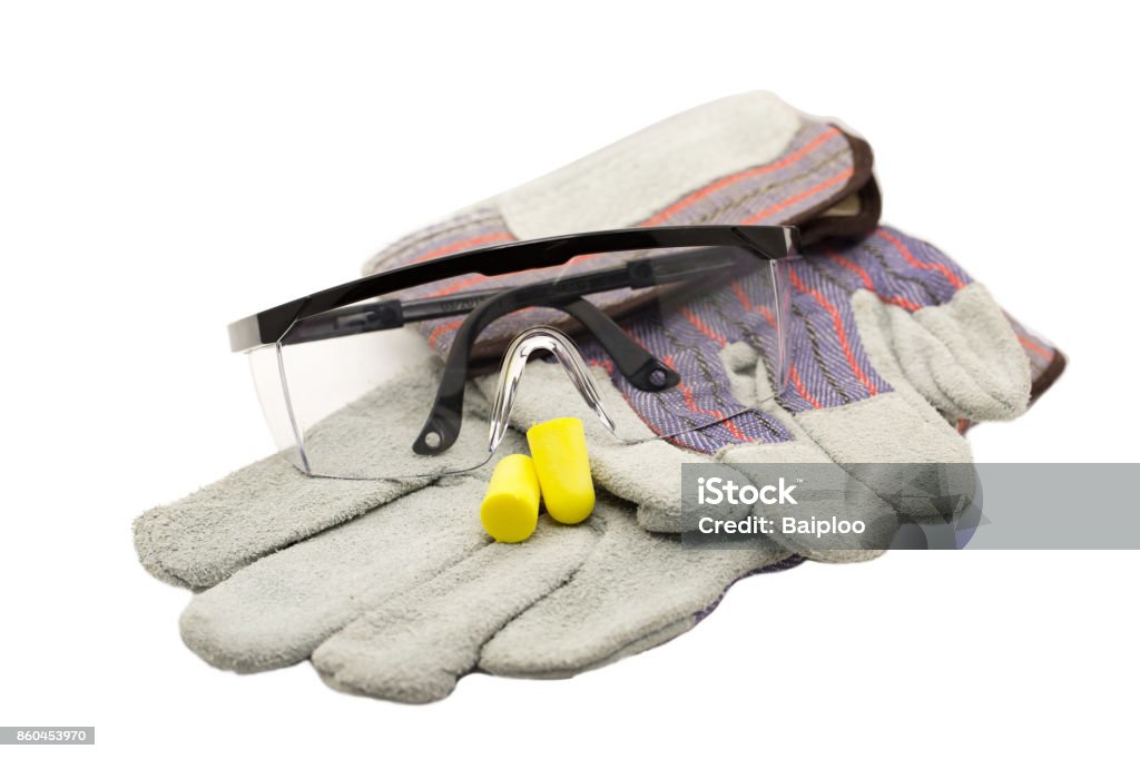 PPE, Personal Protection Equipment including ear plug, glasses and working glove on white background with embeded clipping path Business Finance and Industry Stock Photo