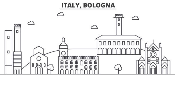 이탈리아, 볼로냐 건축 선 스카이 라인 일러스트입니다. 유명한 랜드마크, 시티 명소와 선형 벡터 풍경 디자인 아이콘. 편집 가능한 선 프리 - torre degli asinelli stock illustrations
