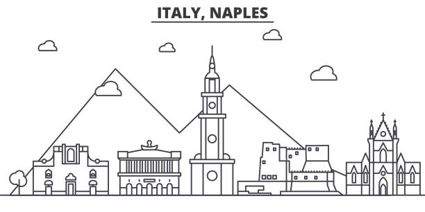 italien, naples architektur linie skyline abbildung. linearer vektor stadtbild mit berühmten sehenswürdigkeiten, sehenswürdigkeiten der stadt, design-ikonen. landschaft mit editierbaren striche - aktiver vulkan stock-grafiken, -clipart, -cartoons und -symbole