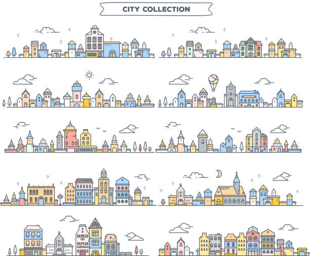 Vector illustration of different summer city landscape on white background. Set of urban european retro color detailed city with tree, cloud, air balloon. Vector illustration of different summer city landscape on white background. Set of urban european retro color detailed city with tree, cloud, air balloon. Thin line art design for web, site, advertising, horizontal banner cityscape illustrations stock illustrations