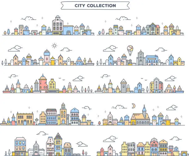 Vector illustration of Vector illustration of different summer city landscape on white background. Set of urban european retro color detailed city with tree, cloud, air balloon.