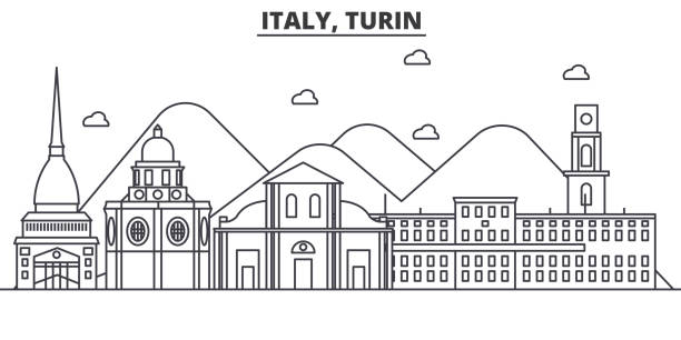 이탈리아, 토리노 건축 선 스카이 라인 일러스트입니다. 유명한 랜드마크, 시티 명소와 선형 벡터 풍경 디자인 아이콘. 편집 가능한 선 프리 - cathedral architecture old church stock illustrations
