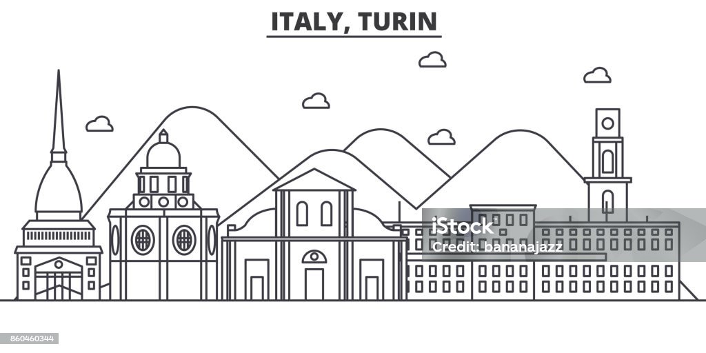 Italy, Turin architecture line skyline illustration. Linear vector cityscape with famous landmarks, city sights, design icons. Landscape wtih editable strokes Italy, Turin architecture line skyline illustration. Linear vector cityscape with famous landmarks, city sights, design icons. Editable strokes Turin stock vector