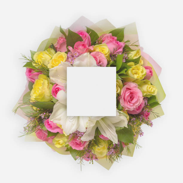 istock Creative layout made of flowers and leaves with paper card note. Flat lay 860462532