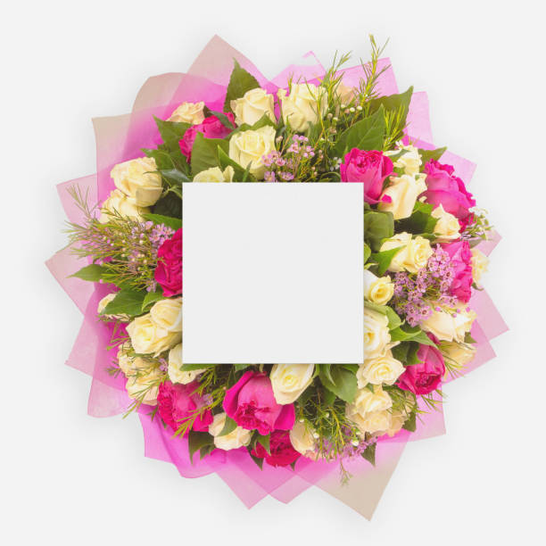 istock Creative layout made of flowers and leaves with paper card note. Flat lay 860462654