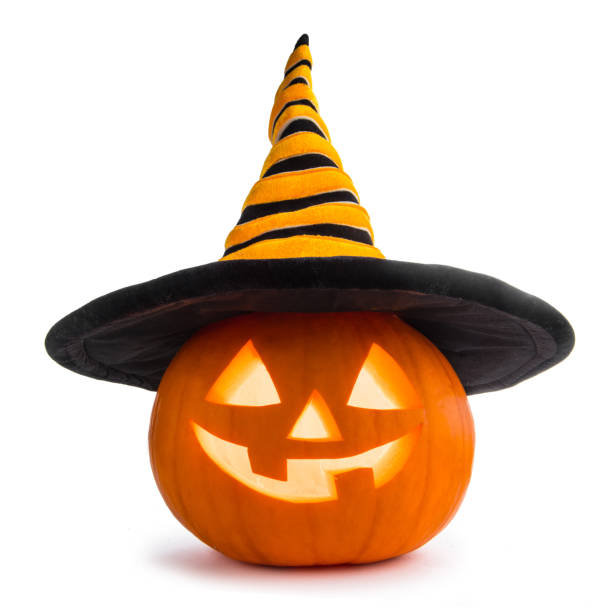 halloween pumpkin with witches hat - halloween witchs hat witch autumn imagens e fotografias de stock