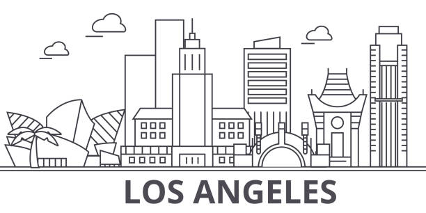 Los Angeles architecture line skyline illustration. Linear vector cityscape with famous landmarks, city sights, design icons. Landscape wtih editable strokes Los Angeles architecture line skyline illustration. Linear vector cityscape with famous landmarks, city sights, design icons. Editable strokes los angeles stock illustrations