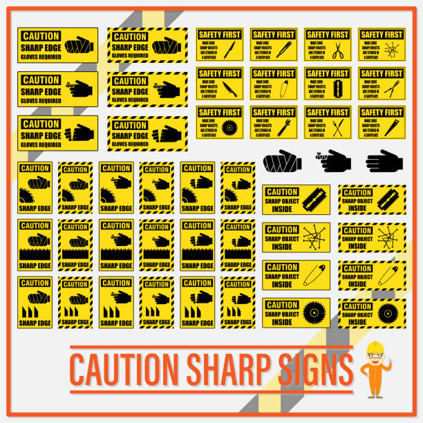 ilustraciones, imágenes clip art, dibujos animados e iconos de stock de conjunto de seguridad precaución signos sharp, sharp etiquetas de precaución de seguridad para determinar cualquier objeto con filo o esquina. - afilado