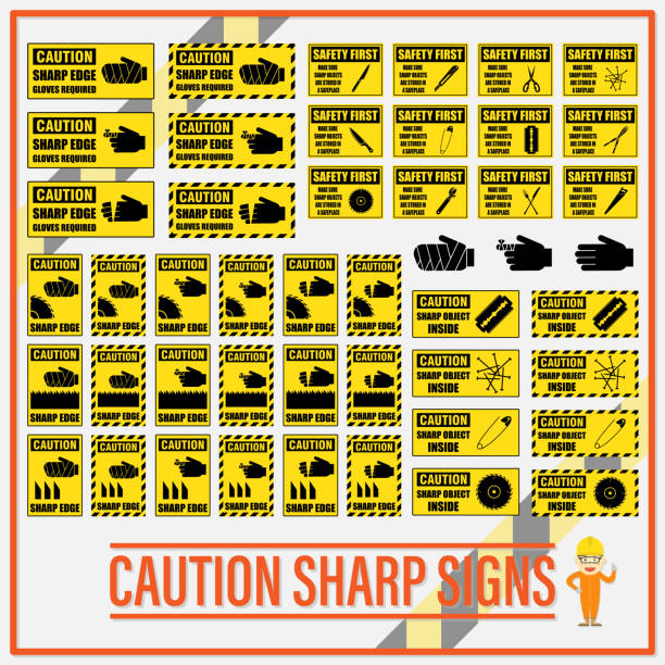 ilustrações, clipart, desenhos animados e ícones de conjunto de sinais afiada de precaução de segurança, etiquetas de segurança aviso afiadas para determinar qualquer objeto que tem a borda afiada ou canto. - knife edge