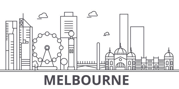メルボルン建築線スカイラインの図。有名なランドマーク、観光、デザイン アイコンと線形ベクトル街並み。編集可能なストロークのある風景します。 - melbourne skyline australia city点のイラスト素材／クリップアート素材／マンガ素材／アイコン素材