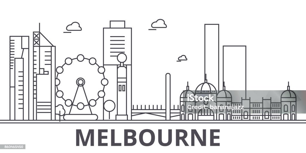 Melbourne het platform lijn skyline illustratie. Lineaire vector stadsgezicht met beroemde bezienswaardigheden, de bezienswaardigheden van de stad, iconen ontwerp. Landschap met bewerkbare lijnen - Royalty-free Melbourne - Australië vectorkunst