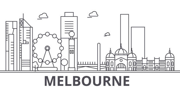 ilustrações, clipart, desenhos animados e ícones de ilustração de horizonte linha arquitetura melbourne. paisagem urbana de vetor linear com monumentos famosos, pontos turísticos da cidade, ícones do design. paisagem com traços editáveis - yarra river