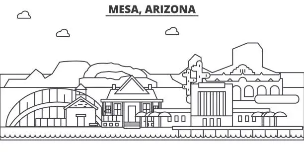 Vector illustration of Mesa, Arizona architecture line skyline illustration. Linear vector cityscape with famous landmarks, city sights, design icons. Landscape wtih editable strokes