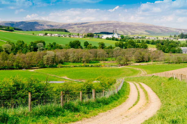 Glen Livet, Scottish Highlands, summer View over Glen Livet in the Highlands of Scotland, looking towards the foothills of the Cairngorm Mountain Range. moray firth stock pictures, royalty-free photos & images