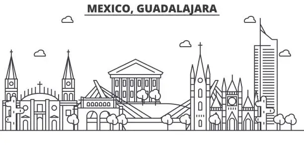 Vector illustration of Mexico, Guadalajara architecture line skyline illustration. Linear vector cityscape with famous landmarks, city sights, design icons. Landscape wtih editable strokes