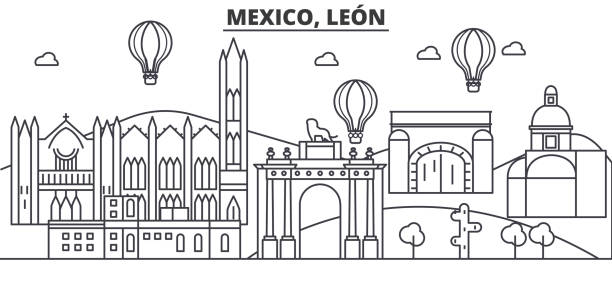 ilustrações, clipart, desenhos animados e ícones de méxico, ilustração de horizonte leon arquitetura linha. paisagem urbana de vetor linear com monumentos famosos, pontos turísticos da cidade, ícones do design. cursos editáveis - leon