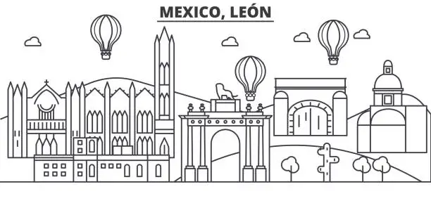 Vector illustration of Mexico, Leon architecture line skyline illustration. Linear vector cityscape with famous landmarks, city sights, design icons. Editable strokes