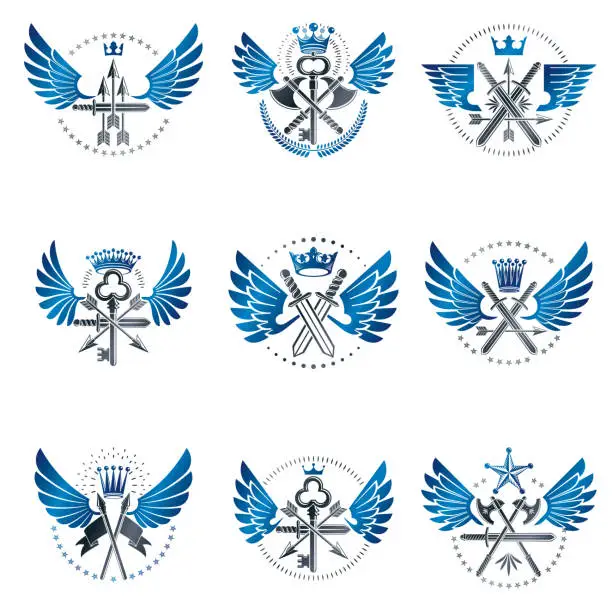 Vector illustration of Vintage Weapon Emblems set. Heraldic coat of arms decorative emblems collection.