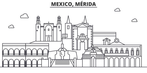 ilustraciones, imágenes clip art, dibujos animados e iconos de stock de méxico, ilustración de mérida arquitectura línea horizonte. paisaje urbano vector lineal con los monumentos famosos, monumentos de la ciudad, diseño de los iconos. movimientos editables - house residential structure colonial style landscape