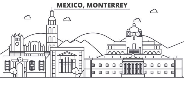 ilustraciones, imágenes clip art, dibujos animados e iconos de stock de méxico, ilustración de monterrey arquitectura línea horizonte. paisaje urbano vector lineal con los monumentos famosos, monumentos de la ciudad, diseño de los iconos. paisaje con trazos editables - house residential structure colonial style landscape