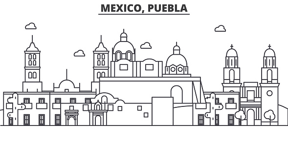 Mexico, Puebla architecture line skyline illustration. Linear vector cityscape with famous landmarks, city sights, design icons. Editable strokes