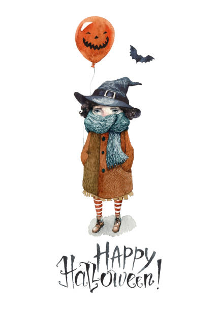 Happy Halloween card A Happy Halloween postcard painted in watercolor. A little girl in a coat and a scarf, wearing a big witch hat, a balloon with scary face and flying bat. Hand-painted letters "Happy Halloween"! knitted pumpkin stock illustrations