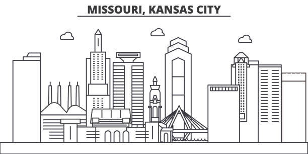 missouri, kansas city architektura linii skyline ilustracji. liniowy wektorowy pejzaż miejski ze słynnymi punktami orientacyjnymi, zabytkami miasta, ikonami designu. poziome z edytowalnymi pociągnięć - kansas city stock illustrations