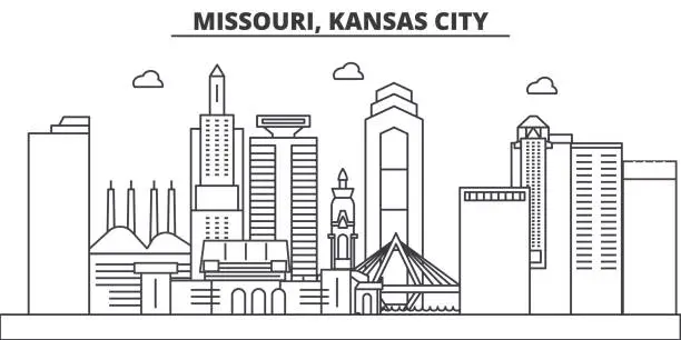 Vector illustration of Missouri, Kansas City architecture line skyline illustration. Linear vector cityscape with famous landmarks, city sights, design icons. Landscape wtih editable strokes