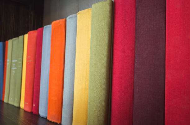 istock Books stand in a row on wooden shelf 860471830