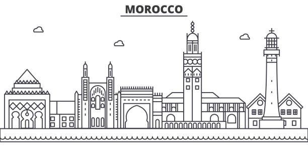 Morocco architecture line skyline illustration. Linear vector cityscape with famous landmarks, city sights, design icons. Landscape wtih editable strokes Morocco architecture line skyline illustration. Linear vector cityscape with famous landmarks, city sights, design icons. Editable strokes marrakech stock illustrations