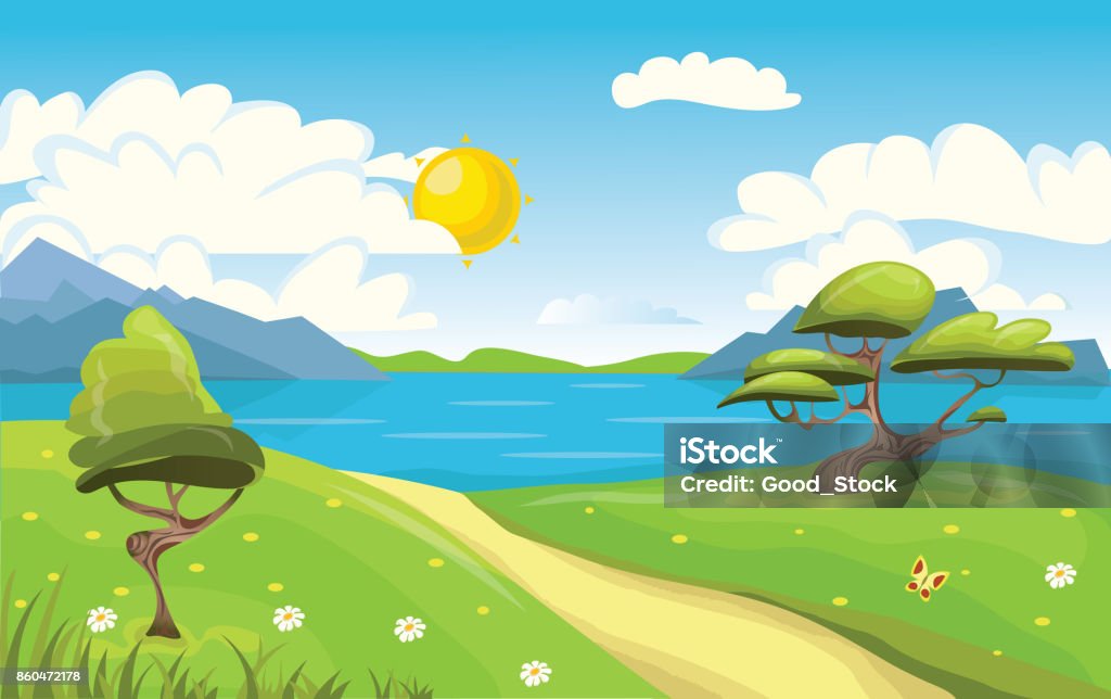 Ilustración de Paisaje De Dibujos Animados Montaña Mar O Lago Árboles Y Camino De Tierra Cielo Azul Con Nubes Y Sol Ilustración De Vector y más Vectores Libres de Derechos de Fondos - Ilustración de Paisaje De Dibujos Animados Montaña Mar O Lago Árboles Y Camino De Tierra Cielo Azul Con Nubes Y Sol Ilustración De Vector y más Vectores Libres de Derechos de Fondos -