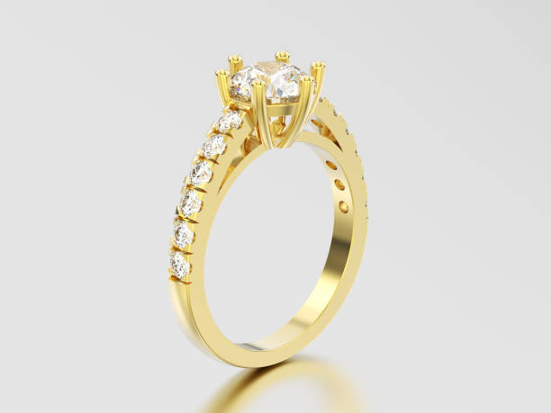istock 3D illustration yellow gold solitaire engagement diamond ring with shadow and reflection 860472320