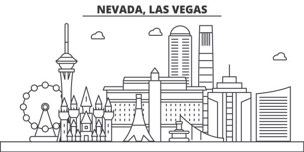 ilustrações de stock, clip art, desenhos animados e ícones de nevada, las vegas architecture line skyline illustration. linear vector cityscape with famous landmarks, city sights, design icons. landscape wtih editable strokes - gambling chip poker casino ace